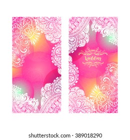 Pink Romantic background for meditation with white ornament. Vertical flyer. Vector illustration