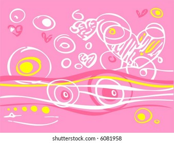 Pink romantic background with strips, hearts and circles.