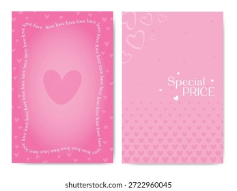 Fundo romântico rosa com gradiente suave, formas de coração e quadro de letras de amor. Design feminino bonito com espaço de cópia para venda banners, cartões de dia dos namorados, postagens de mídias sociais, cartazes, panfletos e promoções.