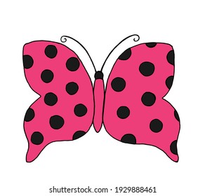 Pink romantic butterfly with black polka dots-an insect isolated on a white background. Hand-drawn design for textiles, clothing, posters, postcards. Vector illustration