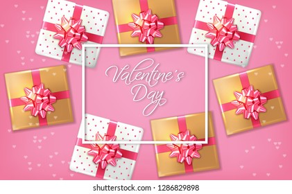 Pink romantic card with gift boxes Vector realistic. Celebrate love card. 3d detailed illustration