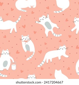 Pink romantic cats seamless pattern for cute Valentines day or National pet day print with love, heart, polka dot ornament. Vector funny kitty repeat background, hand drawn wallpaper, textile design