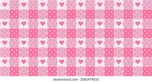 Pink romantic check vector seamless pattern, tartan plaid geometric design with hearts and dots for Valentine's Day napkins, tablecloths