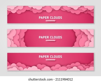 Nubes romanticas rosas, banderas horizontales cortadas de papel. Cielo rosa nublado, ilustración vectorial. Marco de borde de paisaje de nubes. Colocar el texto. Feliz encabezado de San Valentín, papeleta de fantasía de ensueño