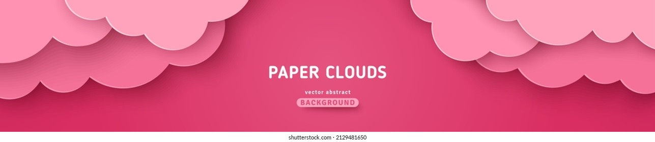 Pink romantic clouds, paper cut background. Cloudy rose sky, vector illustration. Cloudscape border frame. Place for text. Happy Valentine's day pastel header, baby girl dream magic fantasy banner