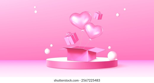 Pink romantic composition with circular podium display - heart shaped balloons floating from opened box, wrapped presents with bows, scattered spheres around pastel scene. Valentine day presentation.