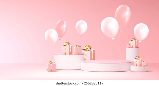 Pink romantic composition with circular white podiums, elegant present boxes decorated with golden ribbons, floating pearly balloons. Wedding showcase, birthday congratulation or luxury brand display.