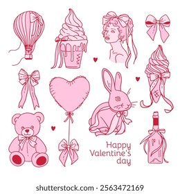 Pink romantic elements with satin bows set. Vintage silk bow for gifts, present knots and wrap pack isolated. Vector illustration for Valentine s day celebration design in cartoon girly style