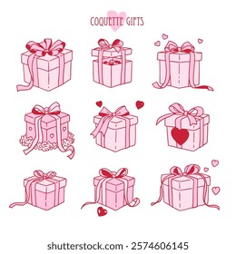 Pink romantic gift boxes with hearts and satin bows set. Closed and open boxes. Valentine day present. Y2k girly drawing. Vector contour pink graphic