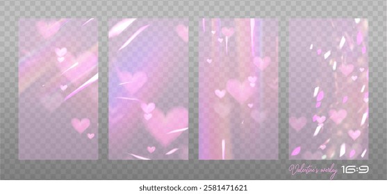 Pink romantic highlights set on a light background. Glare or reflection from water and glass in 16x9 size. Glittering particles for Valentine's day backgrounds, presentations, photo shots. Vector