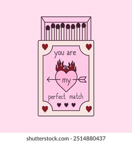 Pink romantic matchbook with burning heart illustration and cute phrase. Doodle matches in open box. Valentine day gift. Y2k girly drawing. Vector graphic