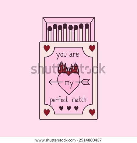 Pink romantic matchbook with burning heart illustration and cute phrase. Doodle matches in open box. Valentine day gift. Y2k girly drawing. Vector graphic