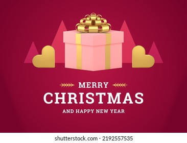 Pink romantic Merry Christmas greeting card festive gift box heart bauble realistic 3d icon vector illustration. Fashion Happy New Year congratulations banner template geometric decor pyramid design