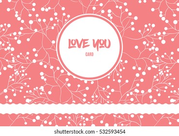 Pink romantic patterned poster for Valentines Day holiday. Ribbon or strip and circle with inscription