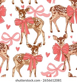 Pink Romantic Seamless Pattern with Baby Deers and Bows Hand Drawn Kids Vector Background