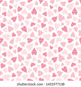 Pink romantic seamless pattern. Striped pink and red hearts on white. Valentine's or wedding endless texture for wallpaper, web page background, wrapping paper, greeting card and etc. 