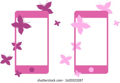 Pink romantic smartphone surrounded by dark pink or light pink butterflies, round home button, two kinds, vector graphics, illustration