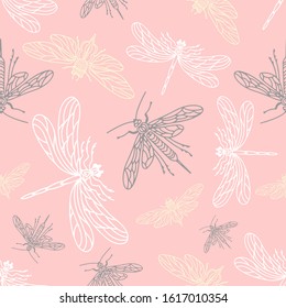 Pink romantic summer dragonflys, moths, beetles seamless pattern background. Decorative vector illustration with spring insects. Abstract seamless background. Can be used for packaging, textiles.