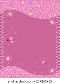 Pink romantic vector background with flowers, hearts, curls, dots and stripes