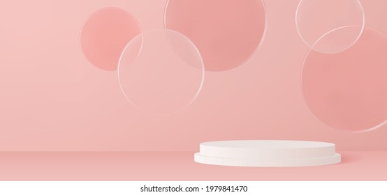 Pink room with circle glass shapes and podium for your product showcase. Vector 3d mock-up.