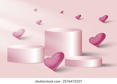 Pink room with pink cylindrical podium. Valentine's Day. Vector illustration.