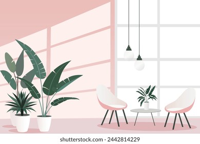 Pink room with a large window. A room in pastel pink with a coffee table and modern chairs, claws and green potted plants. Vector illustration for design.