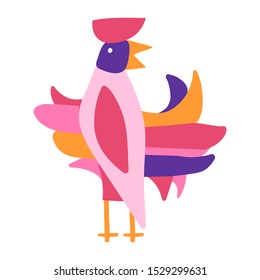 Pink rooster in a modern style.  Funny vector illustration of a beautiful bird on a white background.