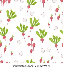 Pink root crop vegetable isolated on white. Radish seamless backdrop. Various slice shapes of farm local product. Wrapping paper design of organic veggie. Hand drawn flat vector pattern illustration