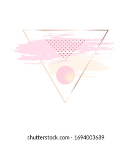Pink, rose brush strokes and pink 3d ball in gold triangle frame on a white background. Vector design template for banner, card, cover, web, flyer.