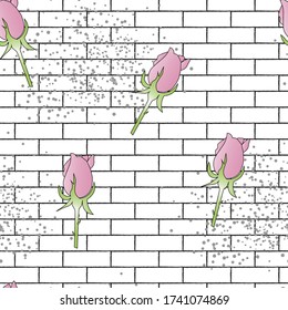 Pink rose bud with gradient and dots on white brick background. Abstract seamless pattern.