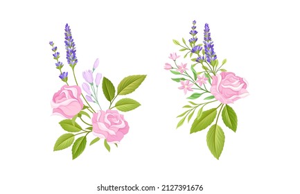 Pink Rose Bud and Tender Lavender Flower Twigs Arranged in Decor Composition Vector Set