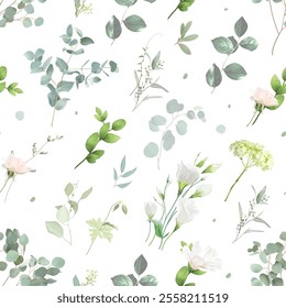 Pink rose bud, white lisianthus, hydrangea, mint green eucalyptus, sage and blush greenery vector design wedding spring seamless pattern. Floral summer watercolor. Elements are isolated and editable