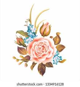 Pink rose with buds and forget-me-nots on white background. Vector illustration.