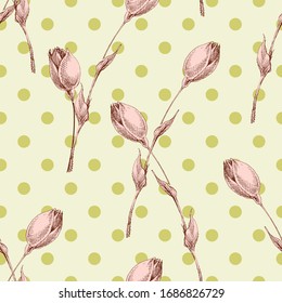 Pink rose buds seamless pattern over polka dot background