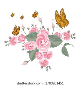 Pink rose and butterflies on white background. Illustration vector