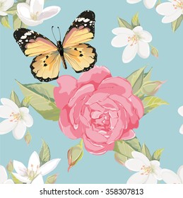 Pink rose and butterfly