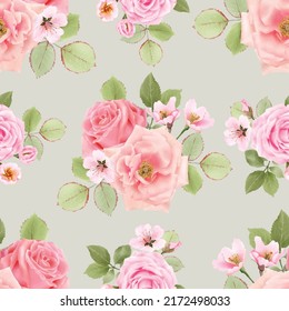 Pink rose and cherry blossom seamless pattern