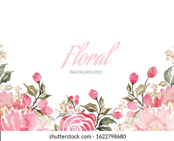 Pink Rose and Cherry Flowers with Green Leaves Decorated White Background.