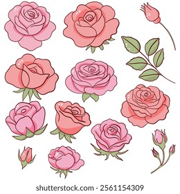 Pink Rose Clipart Set with Buds and Leaves