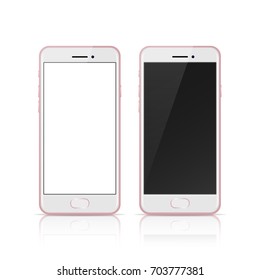 Pink rose color mobile smart phone with blank and dark screen, realistic vector design in high quality.