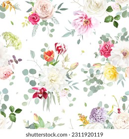 Pink rose, colorful flowers, dahlia, peony, ranunculus, eucalyptus,orchid, tulip, greenery vector design wedding spring seamless pattern. Floral summer watercolor. Elements are isolated and editable