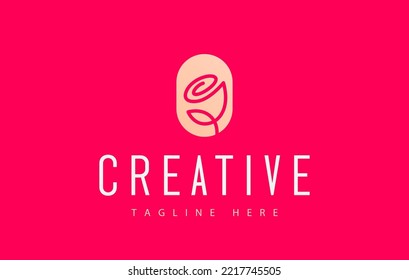 Pink Rose Continuous Line Hand Drawing in Oval Logo Design