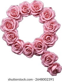 A pink rose design forming the capital letter "Q" on a white background, where each petal of the roses is carefully rendered, giving a three-dimensional effect to the floral letter.