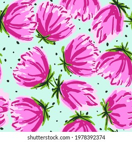 Pink Rose Drawing Vector Seamless Pattern. Blossom Fashion Illustration. Red and Blue Decorative Felt pen Wallpaper. Peony Fabric Paper Texture.
