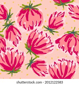 Pink Rose Drawn Vector Seamless Pattern. Blossom Decorative Illustration. Red and Blue Abstract Watercolor Background. Lotus Valentine Wallpaper.