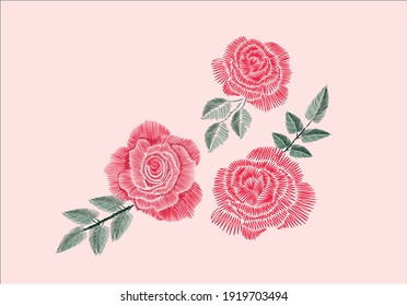 pink rose embroidery design hand drawn brode 