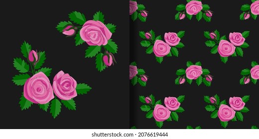 Pink Rose Embroidery print and seamless pattern set