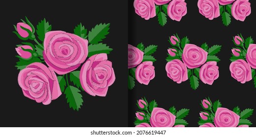 Pink Rose Embroidery print and seamless pattern set