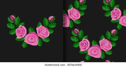 Pink Rose Embroidery print and seamless pattern set