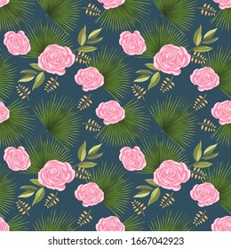 pink rose and fan leaf seamless pattern vector illustration
